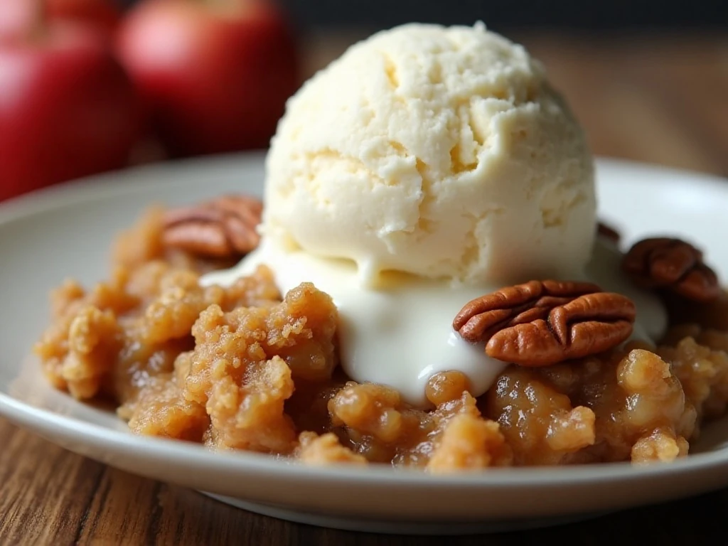 Apple crisp served with melting vanilla ice cream
