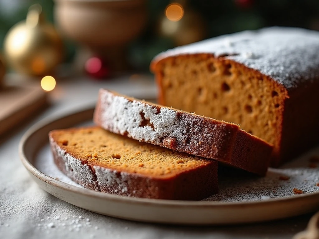 Sliced homemade gingerbread loaf with powdered sugar