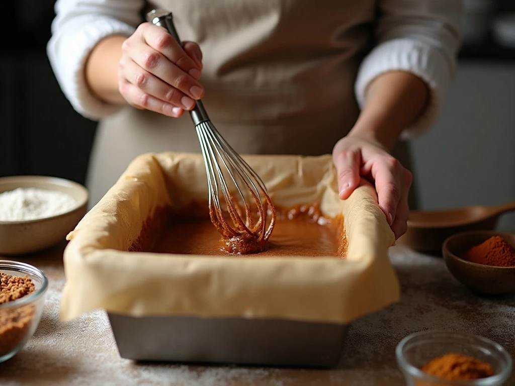 Mixing batter for a homemade gingerbread loaf