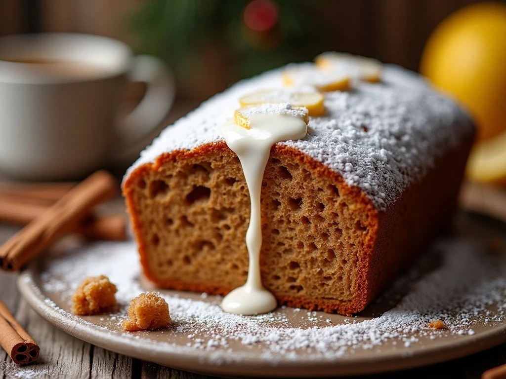 Gingerbread loaf slice with simple white glaze
