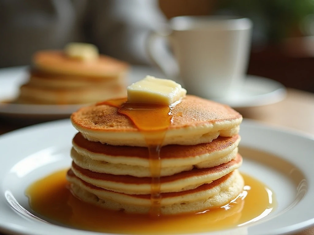 Stack of fluffy homemade hotcakes with butter and maple syrup