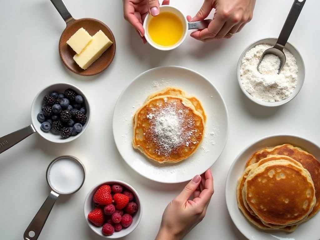Ingredients for fluffy American hotcakes arranged on a counter