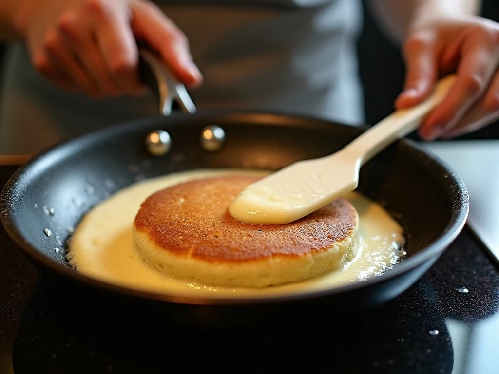 Flipping a hotcake in a skillet when bubbles form