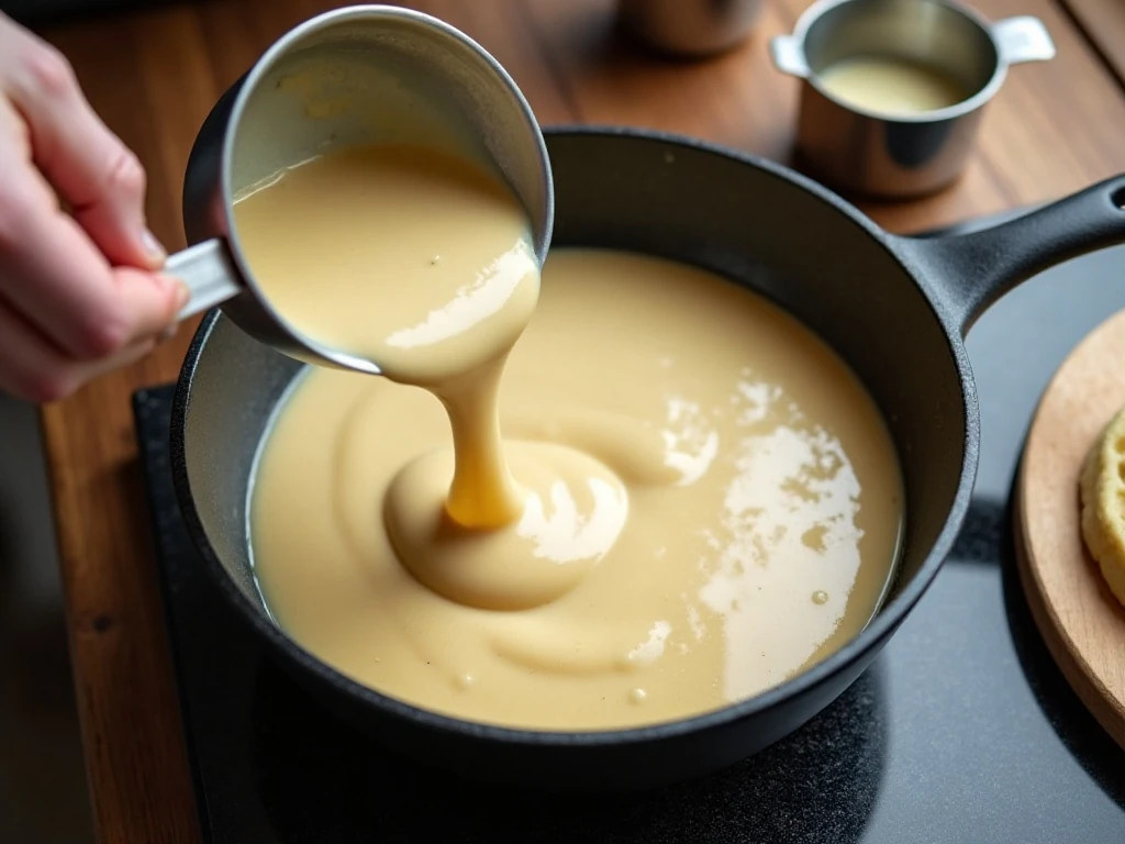 Thick pourable hotcake batter beside a skillet