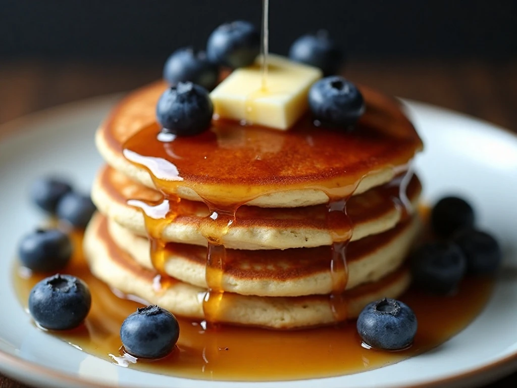 Hotcakes topped with butter, maple syrup, and fresh blueberries
