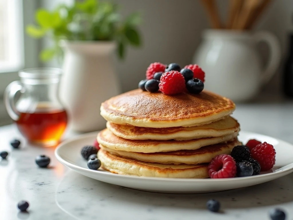Stored and reheated hotcakes served with maple syrup