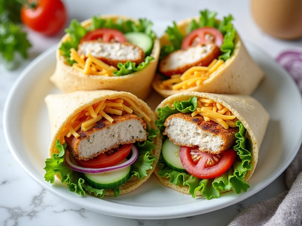 Four colorful chicken ranch wraps arranged on a serving platter