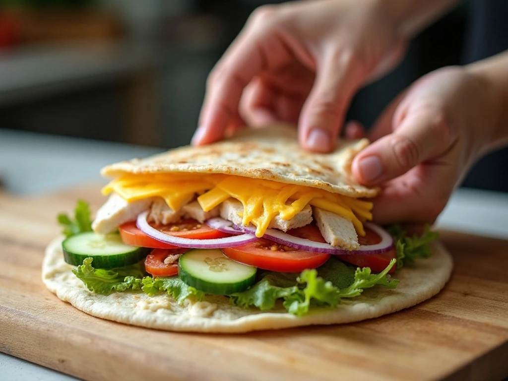 Layering chicken and vegetables inside a tortilla wrap