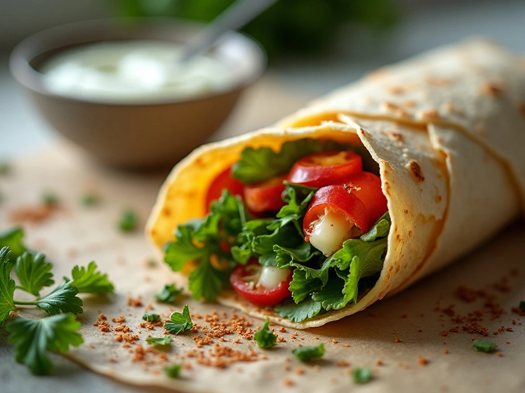 Close-up of the tight layers inside a chicken ranch wrap