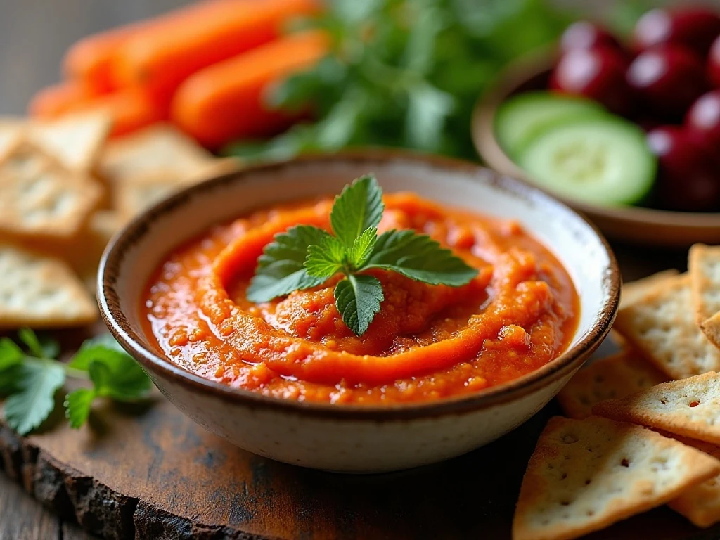 Roasted red pepper muhammara dip served with pita and fresh vegetables