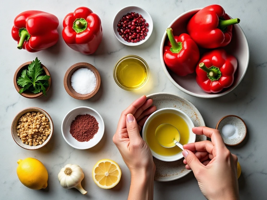 Ingredients for homemade roasted red pepper muhammara dip