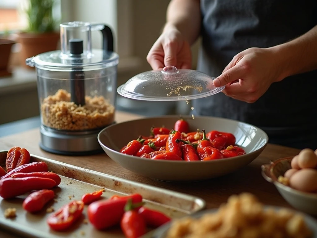 Preparing roasted peppers and walnuts for muhammara dip