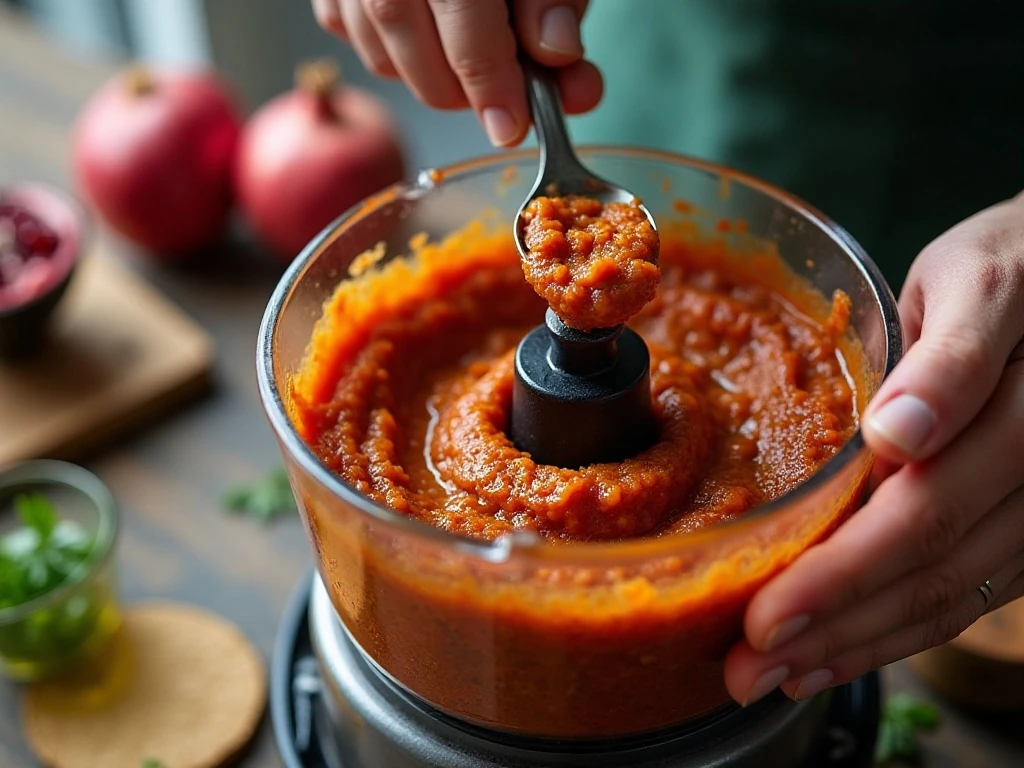 Checking the rustic walnut texture of muhammara dip