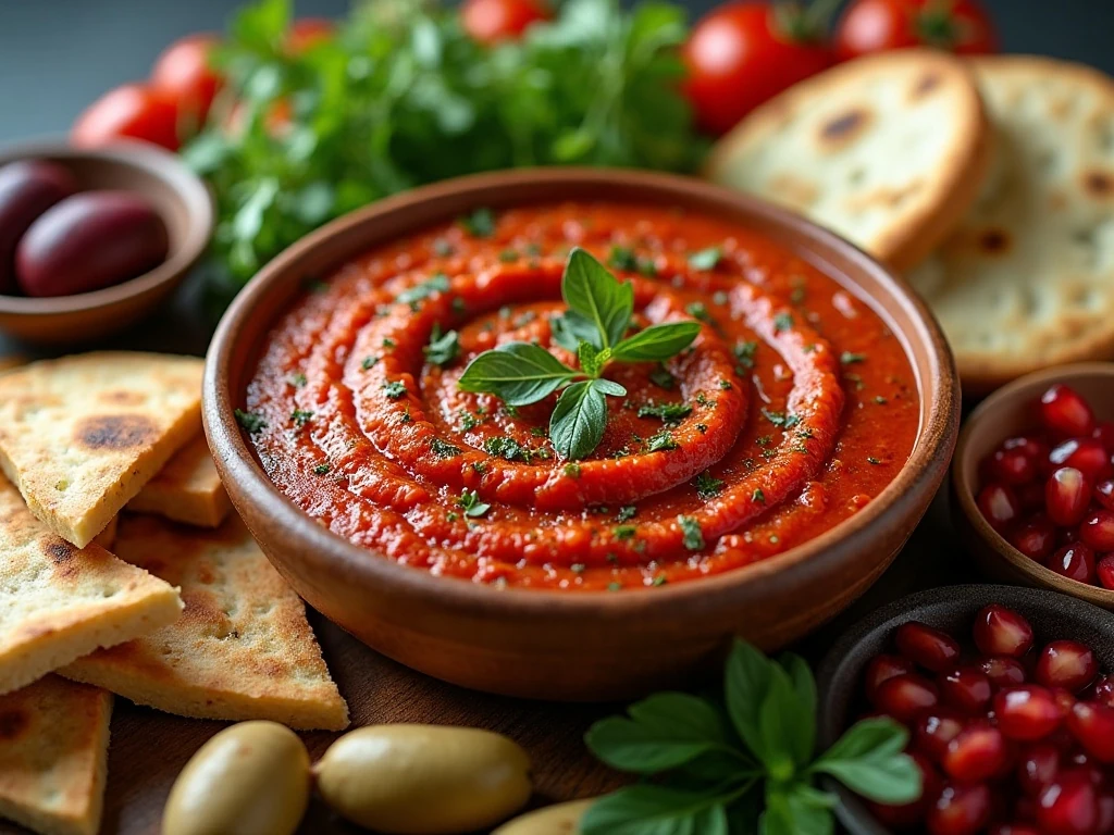 Muhammara dip on a Mediterranean appetizer platter