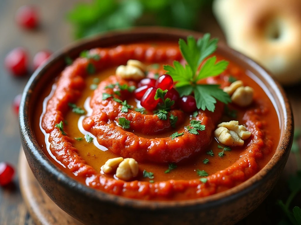 Close-up of garnished roasted red pepper muhammara