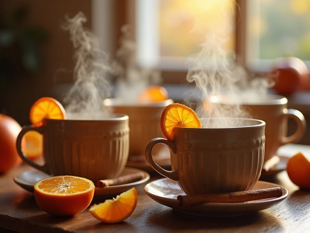 Steaming mugs of homemade spiced mulled apple cider on an autumn table