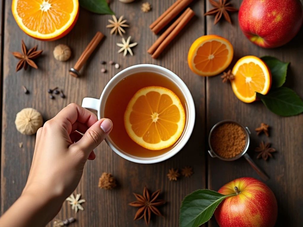 Ingredients for spiced mulled apple cider arranged on a table