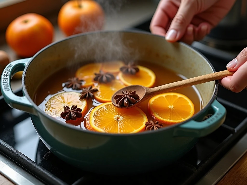 Apple cider gently simmering with orange and whole warming spices