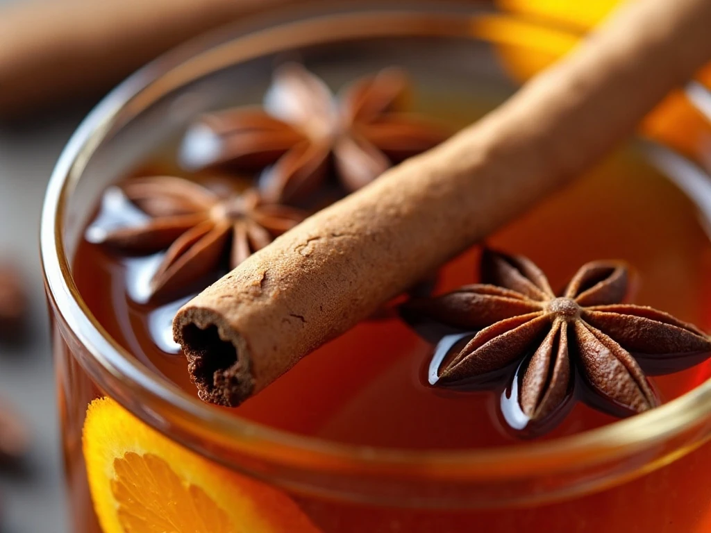 Whole spices and orange garnish infusing hot mulled apple cider