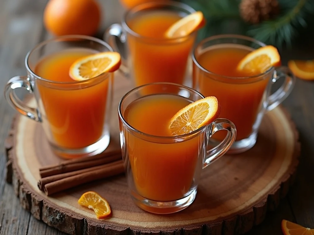 Mugs of warm mulled orange spice cider ready for a holiday gathering