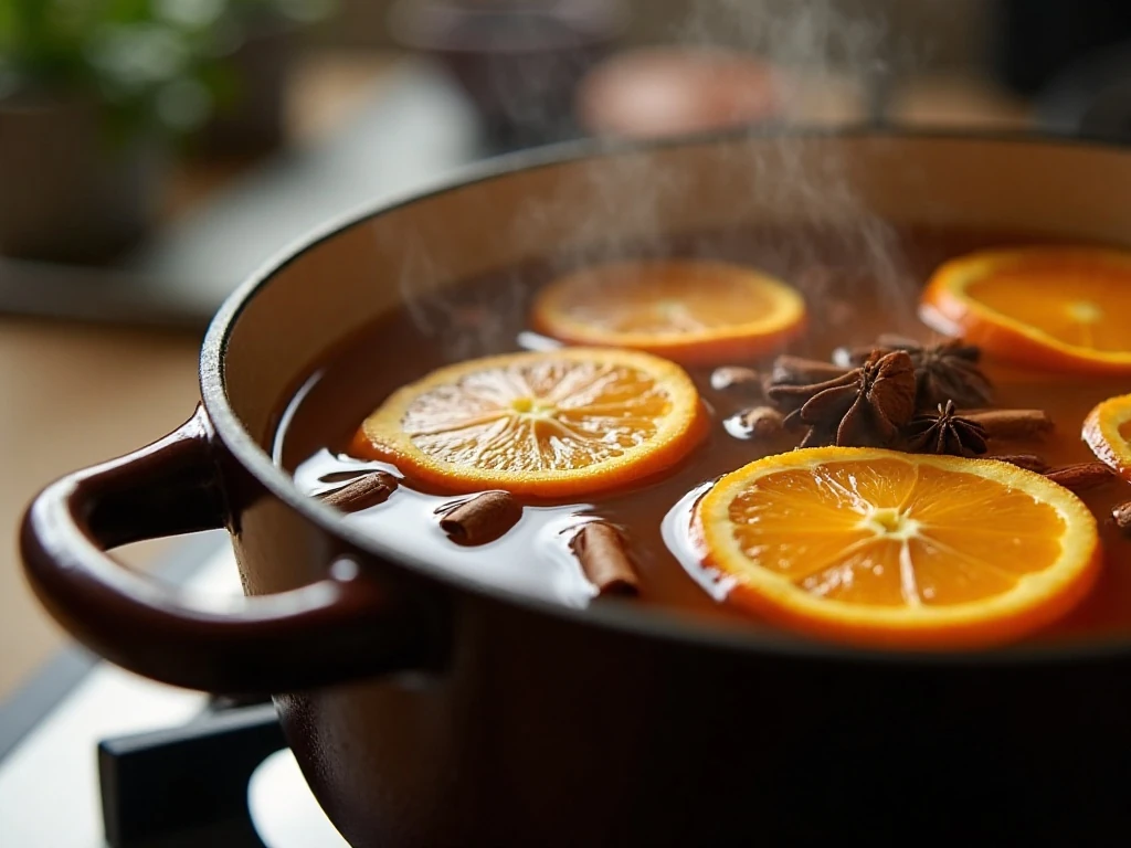Mulled cider gently simmering with orange and whole spices