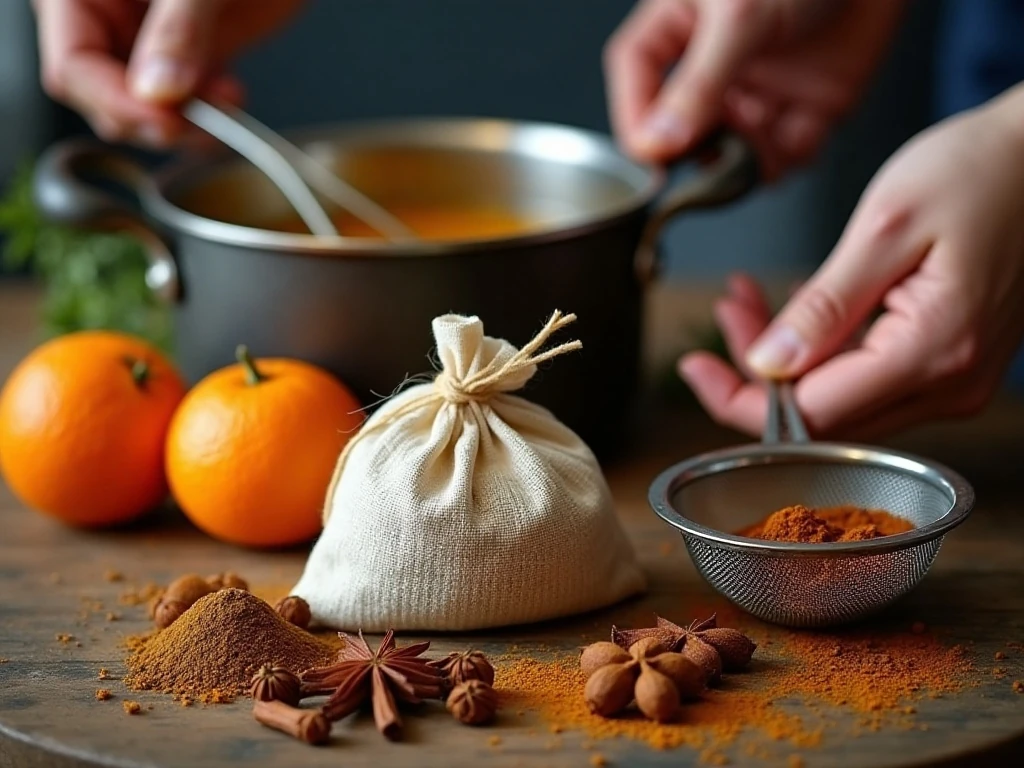 Whole spices and straining tools for smooth mulled cider