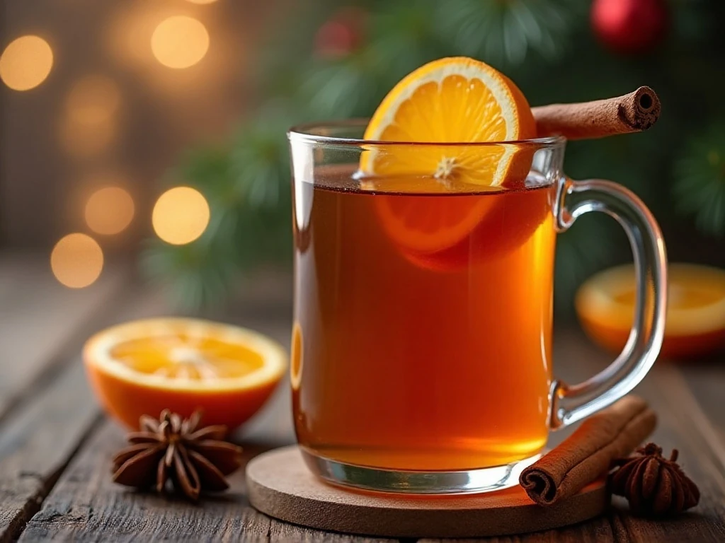 Mulled orange spice cider garnished with orange and cinnamon