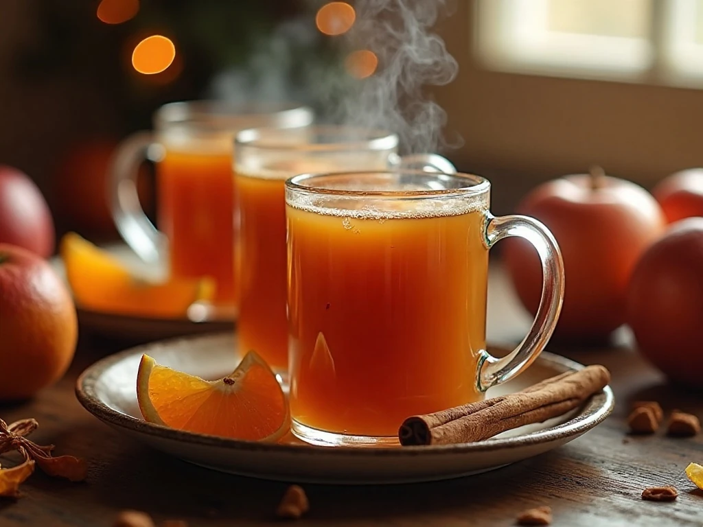 Steaming mugs of warm mulled spiced apple cider