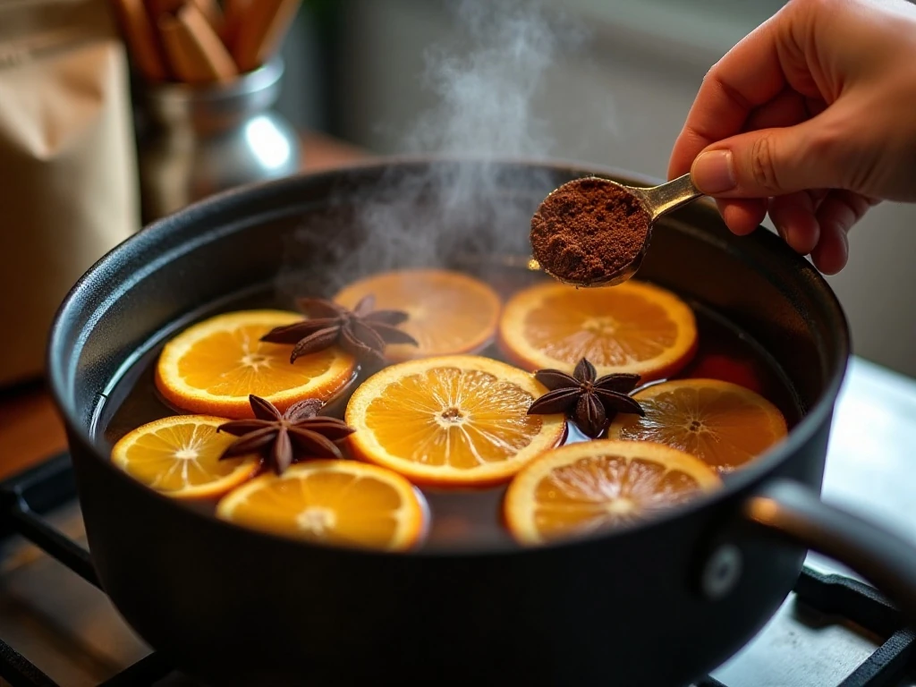 Cider gently steeping with orange and whole spices