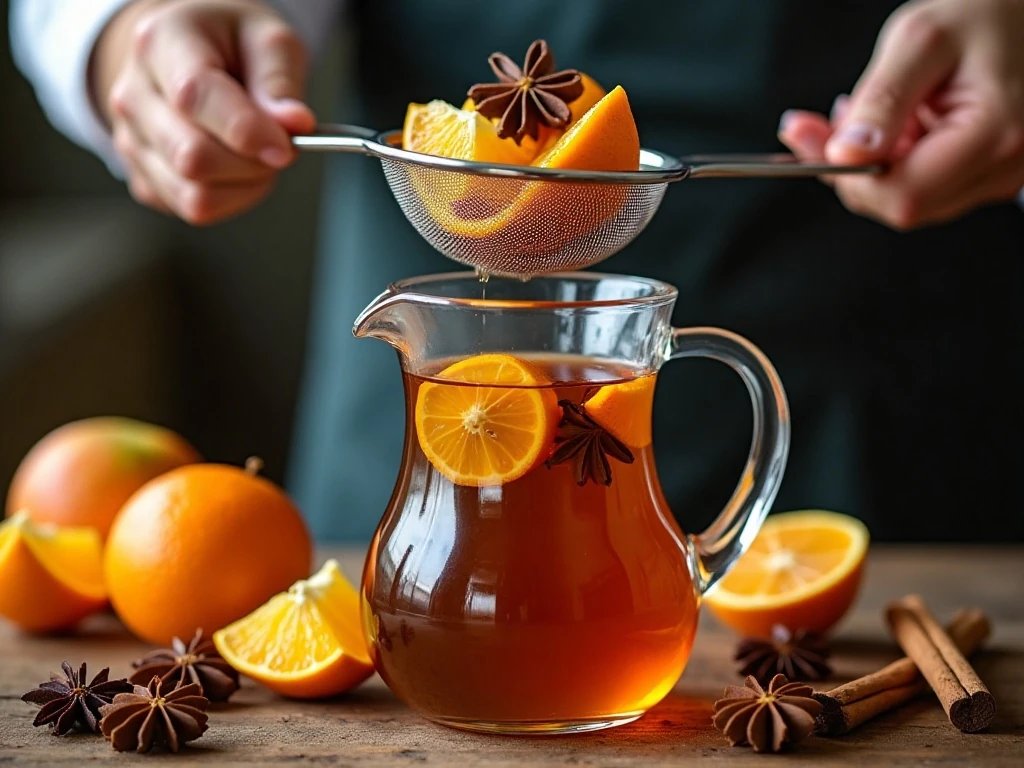 Straining spices and orange from mulled apple cider
