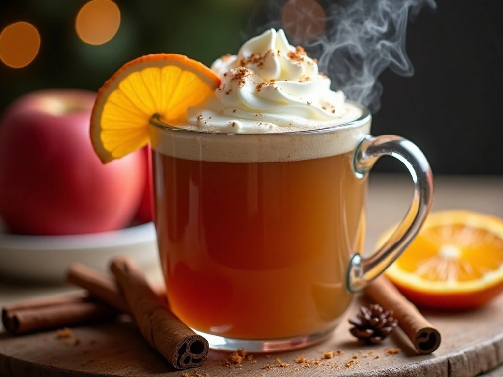 Mulled apple cider garnished with cinnamon and orange