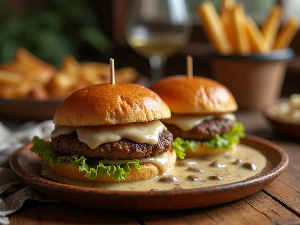 Mushroom and Swiss crock pot burgers served on hamburger buns