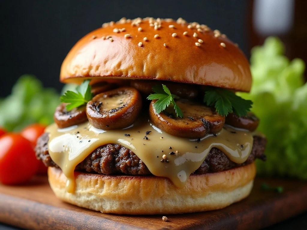 Close-up of a mushroom Swiss burger with gravy and garnish