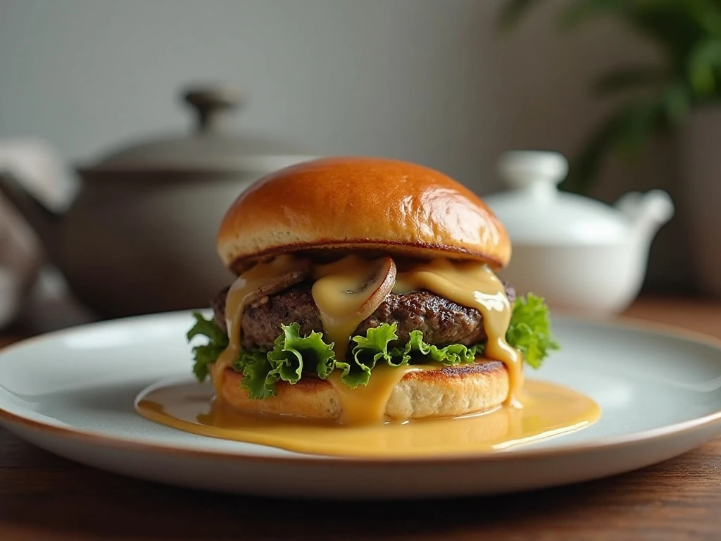 Reheated mushroom and Swiss crock pot burger with gravy
