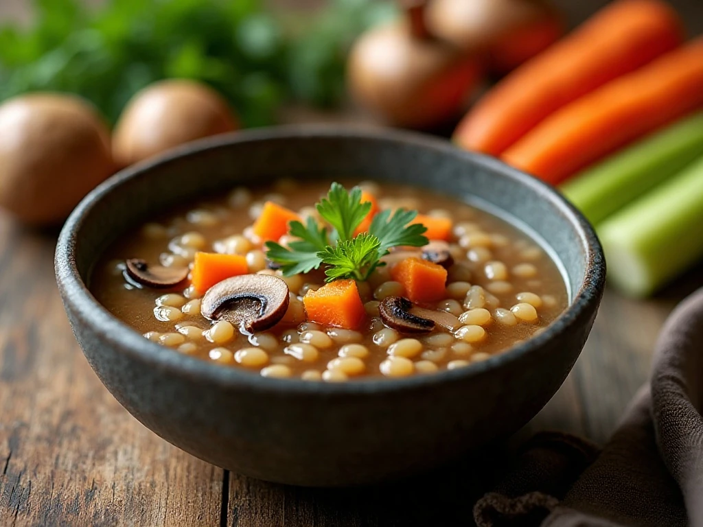 Hearty mushroom barley soup served in a rustic bowl