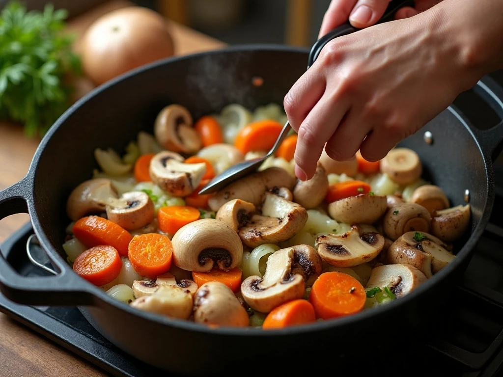 Mushrooms and vegetables browning in a soup pot