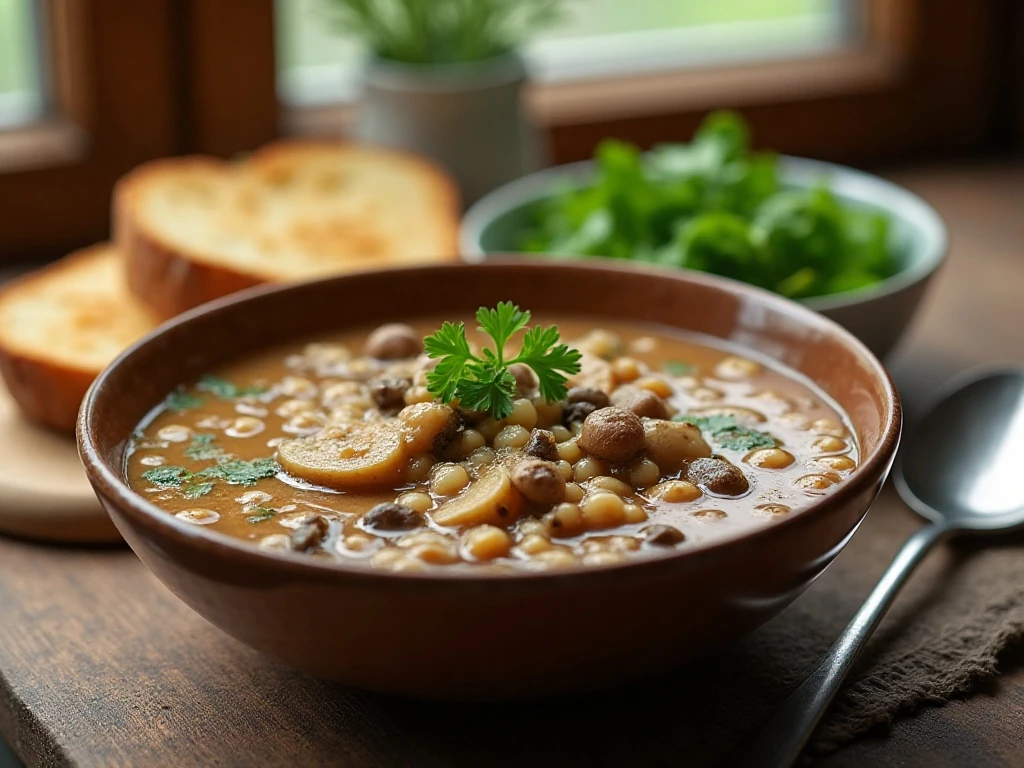 Mushroom barley soup served with crusty bread