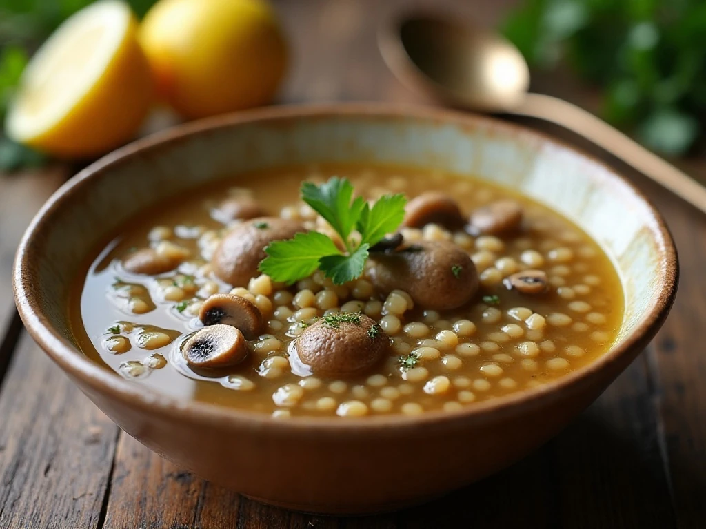 Close-up of reheated mushroom barley soup with parsley
