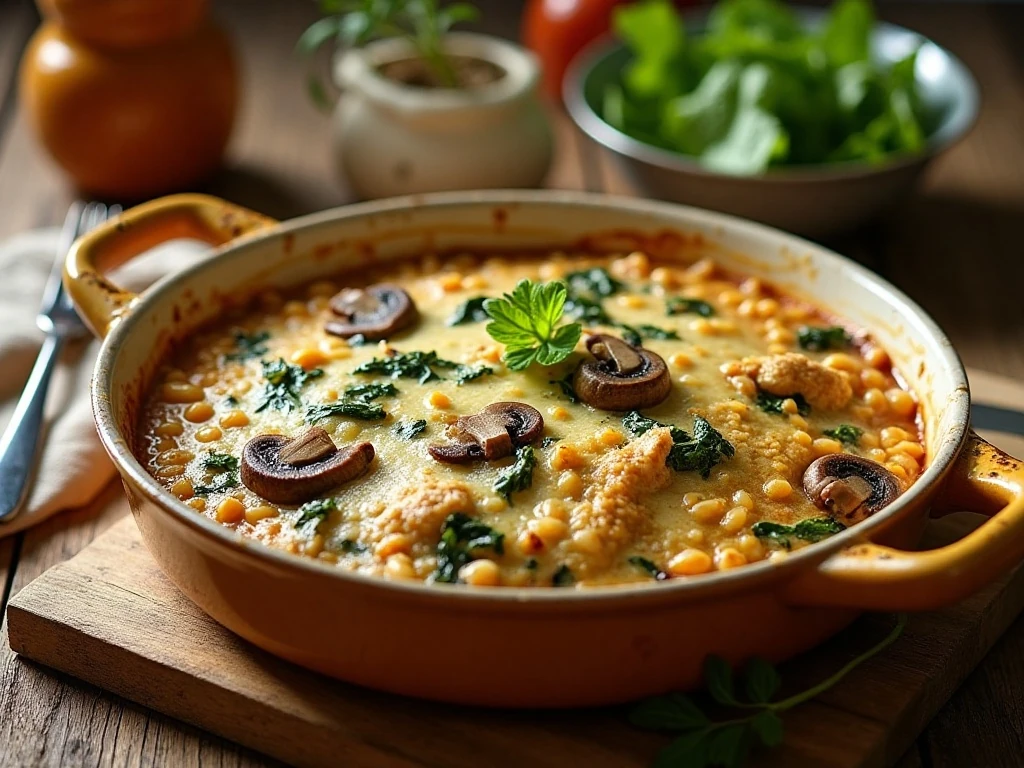 Creamy mushroom chicken quinoa bake served as a comforting family dinner