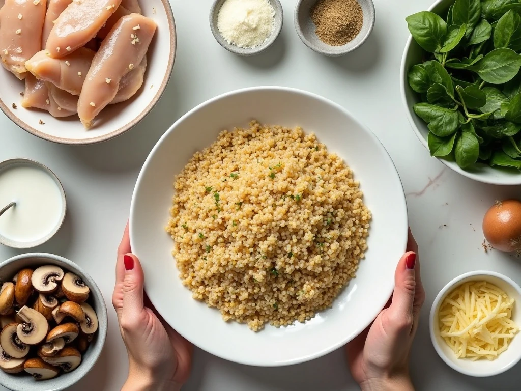 Ingredients for creamy mushroom chicken quinoa bake