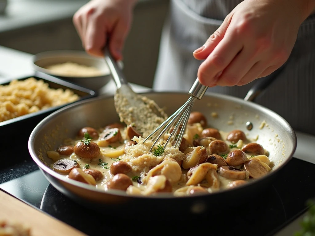Preparing creamy mushroom sauce for chicken quinoa casserole