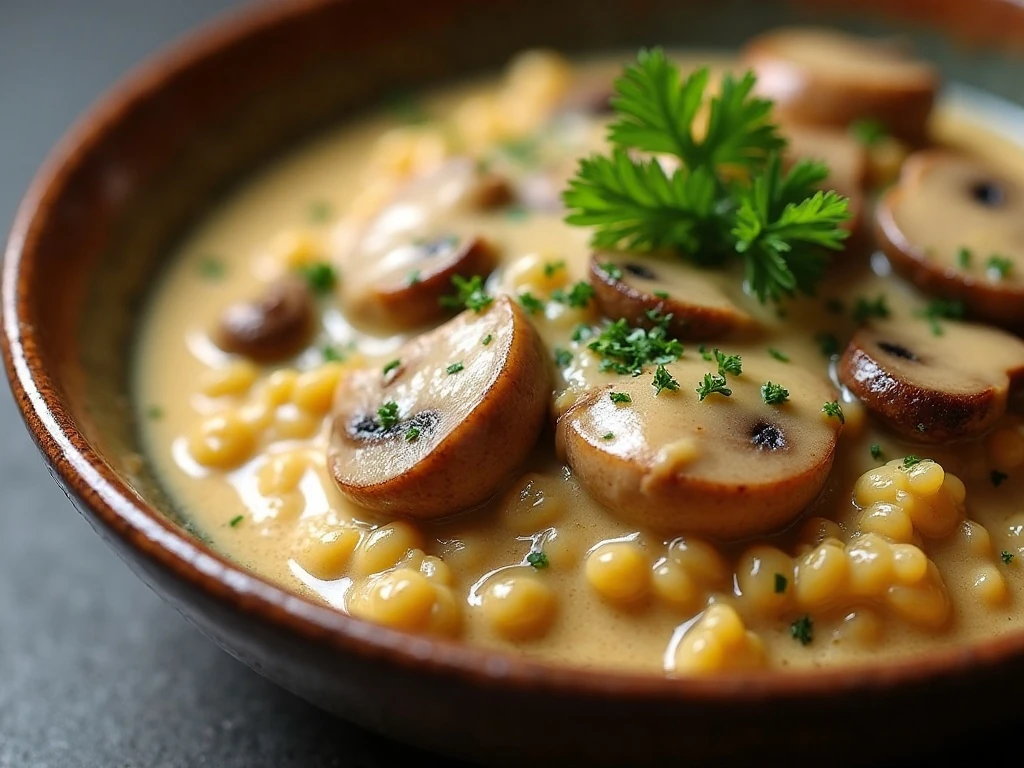 Creamy chicken quinoa bake portion garnished with parsley