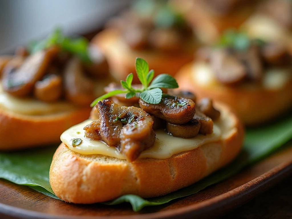 Platter of golden mushroom Gruyere bruschetta ready to serve