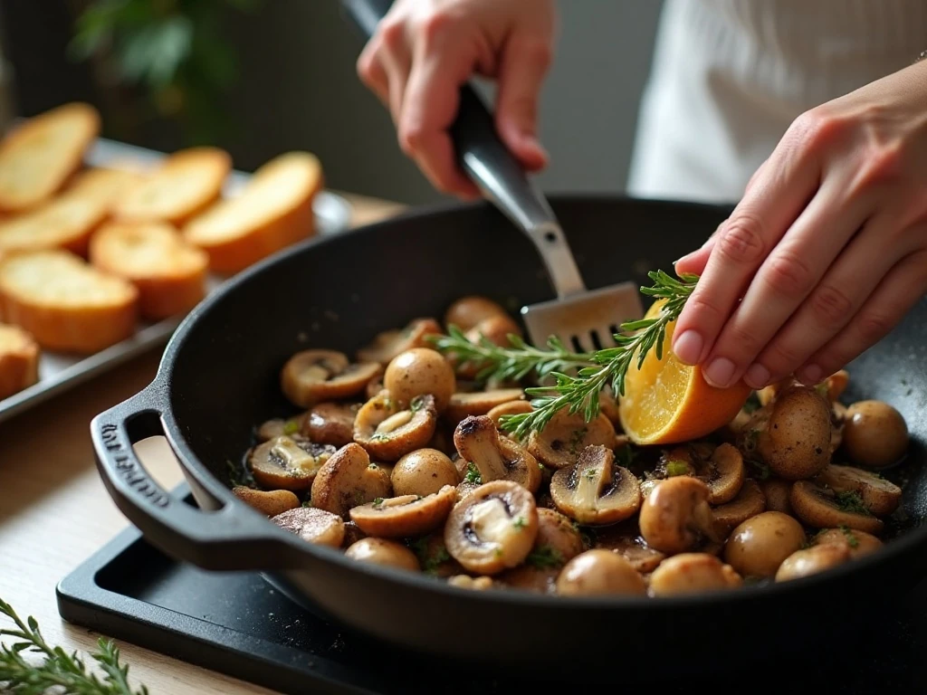 Mushrooms browning in a skillet for bruschetta topping