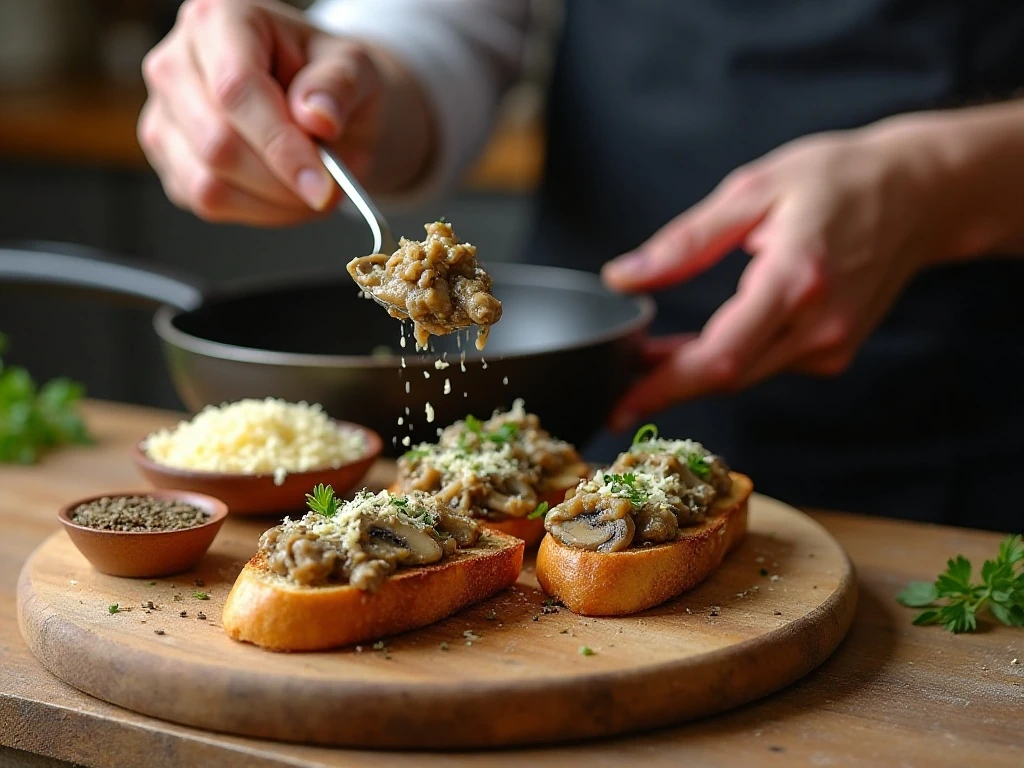 Mushroom topping being spooned onto toasted baguette