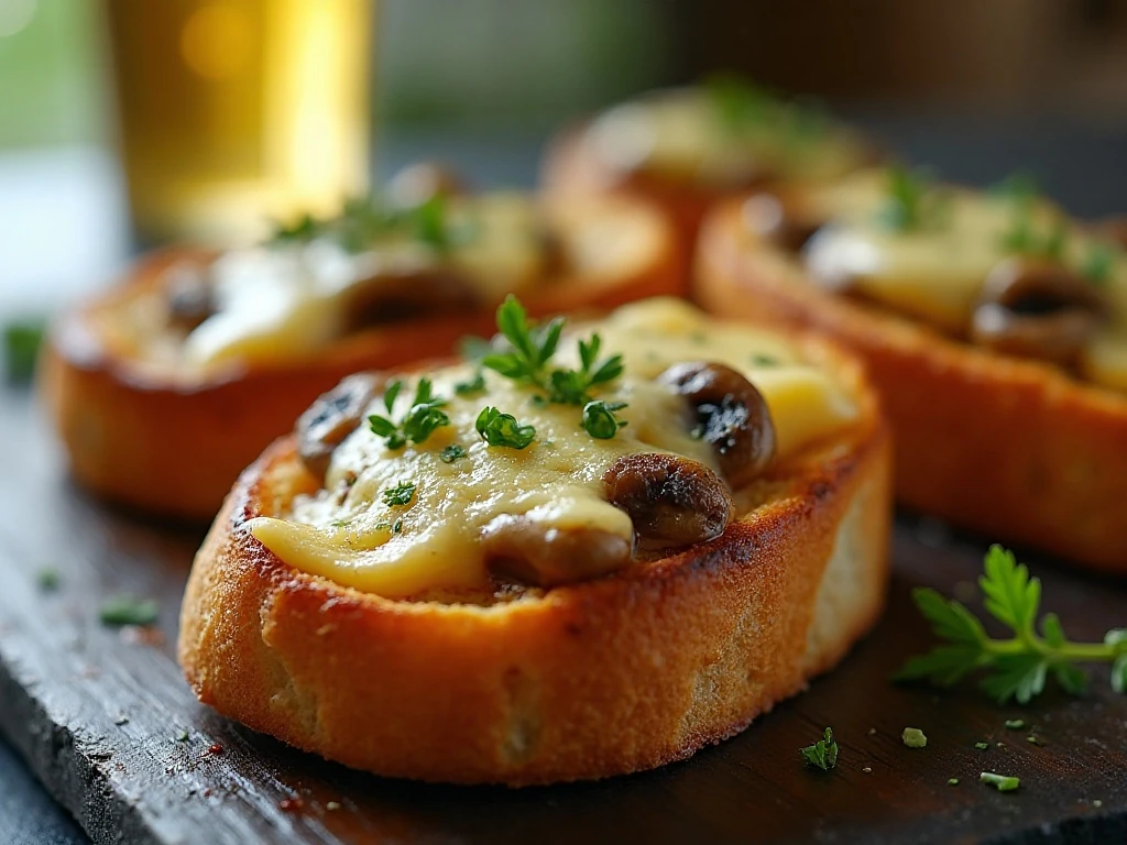 Close-up of melted Gruyere mushroom bruschetta with parsley
