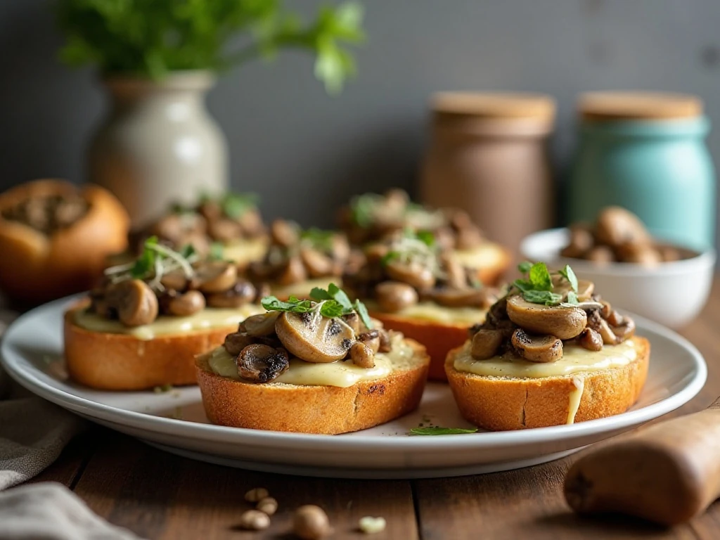 Mushroom Gruyere bruschetta arranged for serving and leftovers