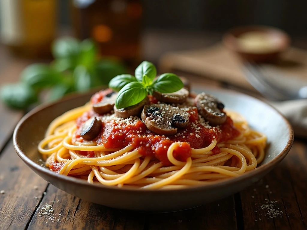 Bowl of pasta topped with homemade mushroom marinara sauce