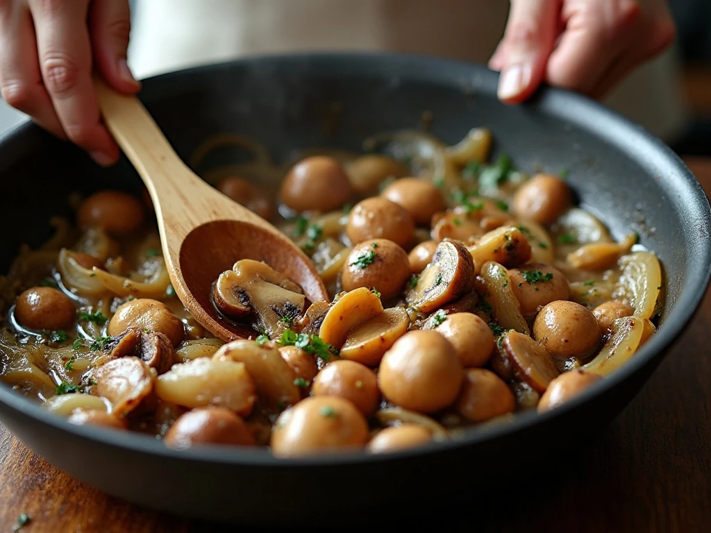 Mushrooms and onions sautéing for marinara sauce