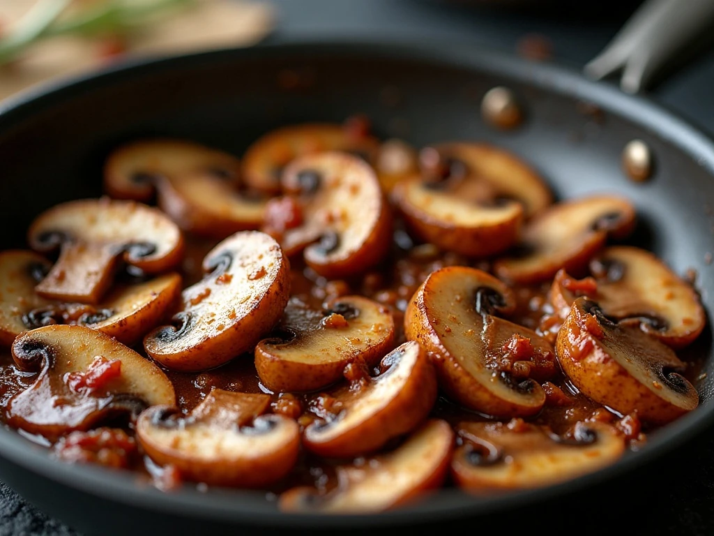 Browned mushrooms developing flavor for marinara sauce